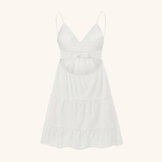 Vestido Curto Aurora Branco – Elegância Leve com Costas Abertas