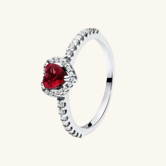 Anel de Prata com Coração Vermelho e Zircônias